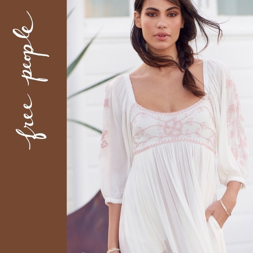 FREE PEOPLE Wedgewood Embroidered Scoop Neck 3/4 Puff Sleeve Maxi Dress/SM NWT - Picture 4 of 16